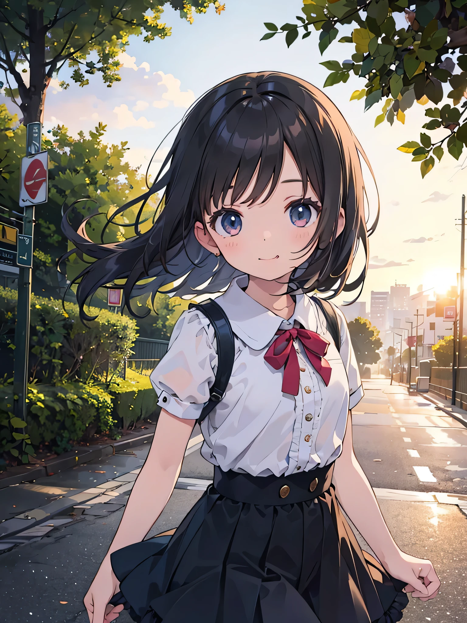 Official Art, wallpaper, very detailed, (((very detailedな目と顔))), Real Portrait, (top quality, masterpiece, high definition), (high definitionスキン: 1.2), 8K ultra HD info show, backlit, blurry background, big smile, One person girl, beautiful woman highlighting her lower lip, Attractive and beautiful顔が全身と顔を反映している, Beautiful face and perfect skin , Diffused, natural skin shine, Attractive and beautiful, Gorgeous and attractive, soft lighting , natural beauty , long black hair, petticoat、long legs、Skirt fluttering in the wind、On the road