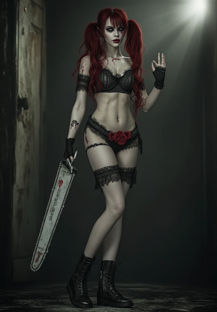 Adolescent, best quality, ultra detailed, redhead, yellow eyes, makima, chainsaw man, anime, black tie, hair with braids, red lingerie, full body vision, viking style, sexy.