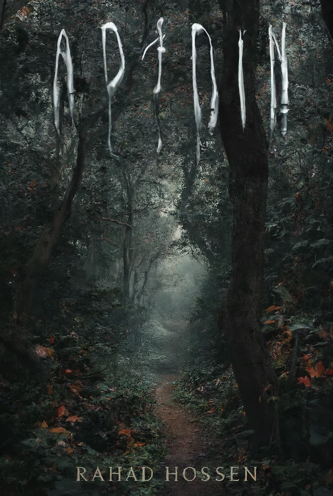 Make a book cover.It's a horror adventure story book.The book name is "ABEDIN".
The cover must have:
1. Book name 'ABEDIN'
2. Writer name "Rahad Hossen"
3. A Dark creepy forest
4. A road in the center of the forest