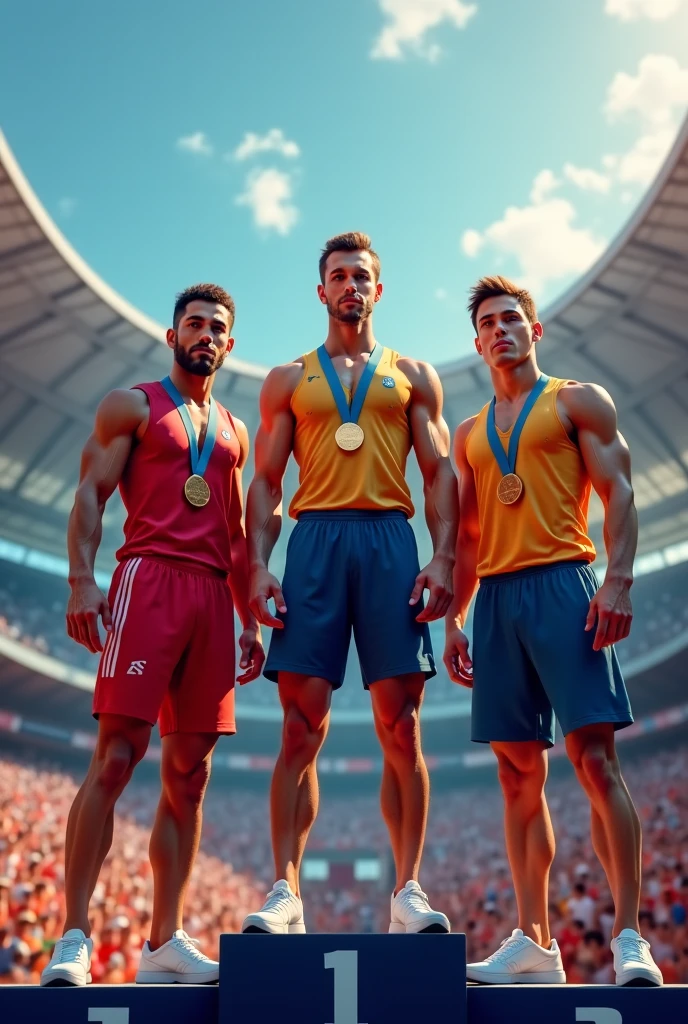 three athletes on the Olympic podium wearing medals and using a smartwatch on one of their wrists and showing their heart rate on the screen below