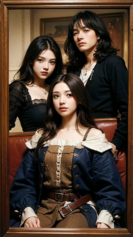 Old photographs, old-fashioned black-and-white photographs, covered with dirt and folds, depict a family of six, dressed in 19th-century Chinese British clothing --auto --s2