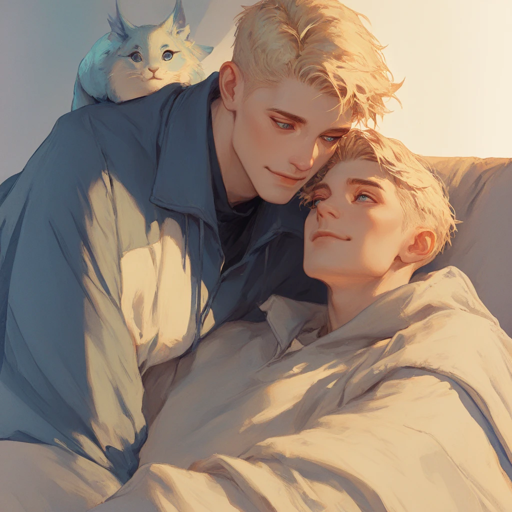 Cozy summer night with a blonde hair boy and your cat with a warm and fluffy blanket