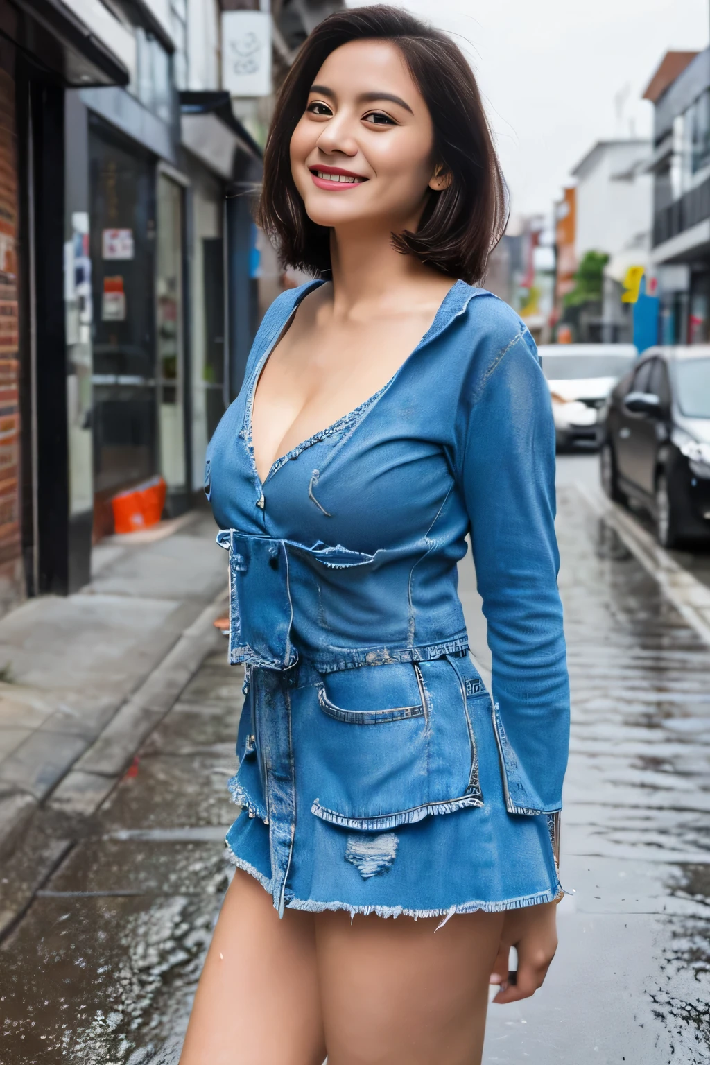 ((Best Quality, 8K, Masterpiece:1.3)), Focus: 1.2, Perfect Body Beauty: 1.4, Buttocks: 1.2, ((Layered Haircut, Breasts: 1.2)), (Wet Clothes: 1.1) , (Rain, Street:1.3), Bandeau Dress: 1.1, Highly Detailed Face and Skin Texture, Delicate Eyes, Double Eyelids, Whitened Skin, Long Hair