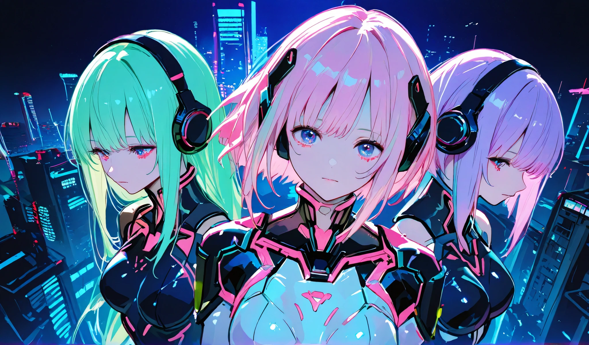 Top quality, masterpiece, fine details, very delicate 8k wallpaper, multiple girls, (group shot), (blue eyes), long eyelashes, makeup, pink lips, five fingers, (mechanical joints, mechanical hands, mechanical legs: 1.1), (exoskeleton micro bikini), sharp angles on both sides of the head, (mechanical halo), cyberpunk city,