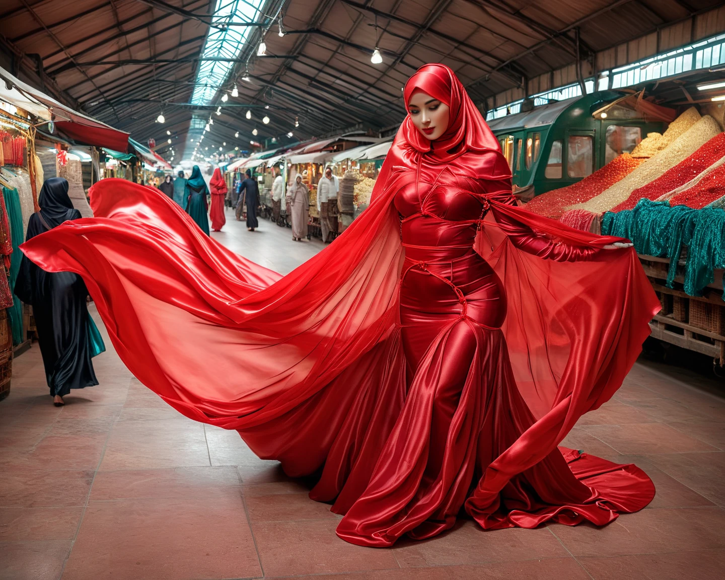 A woman shrouded in a 4-meter-long, plush red satin cloth, tightly bound and grandly draping along the form of her body, flowing off into a pooled floor-length train, styled in a mermaid-inspired outfit, her head modestly veiled in a satin hijab, tall woman, walking in market, a full-body pose posing in front of people, captured in a 4k resolution, ultra-realistic