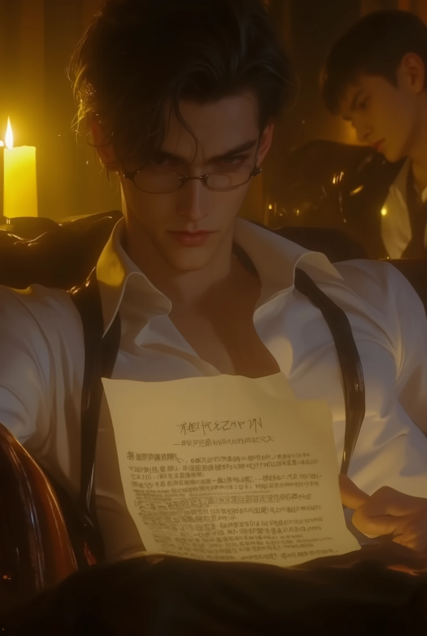 Nam ,middle-aged, American, strong masculinity , Short black hair swept backwards, sitting on the sofa, wearing glasses ,wear shirt, rolled up sleeves , healthy muscles , big toned arms, tendons , Strong jaw contour , gray eyes. keen gaze, is cold. Yellow light from candles, holding a sheet of text in his hand, angry expression.