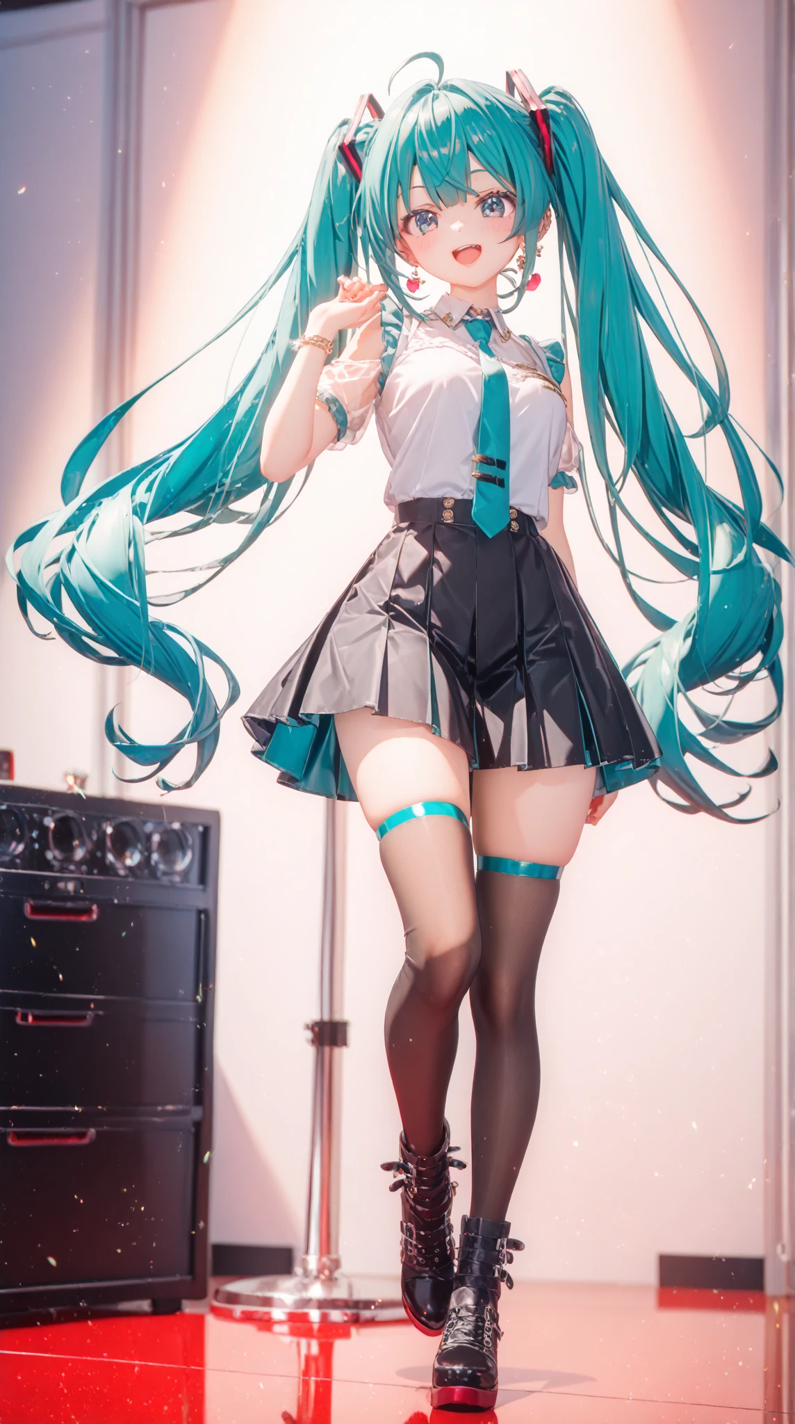 Hatsune Miku's、Photorealistic, High resolution, 1 girl, Korean, Eyes with heterochromia, Small mole under eye,but、bed sheet、Hatsune Miku、 big breasts、sleep、、((Support your thighs with both hands and spread your legs:1.5))、