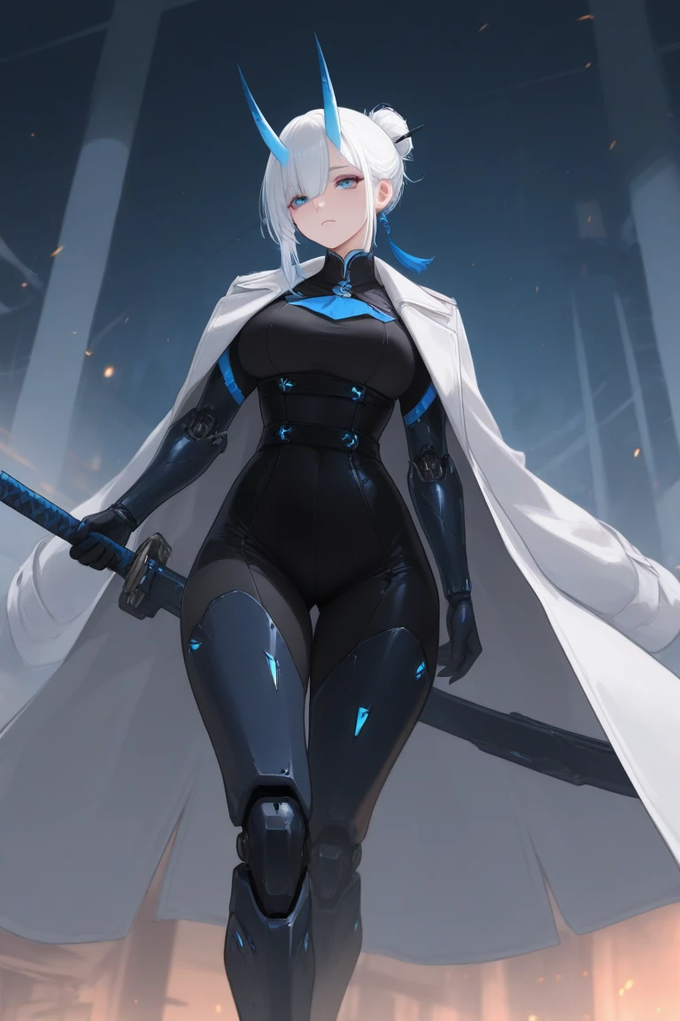 Masterpiece,Impasto,Cinematic,Niji journey,Niji,Dynamic angle,Looking at viewer,From front,Full body,Prism style,Broken world,Broken glass effect,Broken glass background,1girl,Solo,Hood up,Big hood,Black hooded coat,Black bodysuit,Black shirt,Black leggings,Mechanical boots,Mechanical weapons,Blue eyes,Gauze on face,Long sideburns,Medium hair,One big braided pigtail,Curly hair,Gray colored hair,Hair over one eye,Beautiful breasts,Voluptuous,Plump,Chubby,Beautiful ass,Detail Background,Futuristic City,Light blue theme,Backlight,Warm tones,Tranquil,Soft light,Blue Sky,Cloud