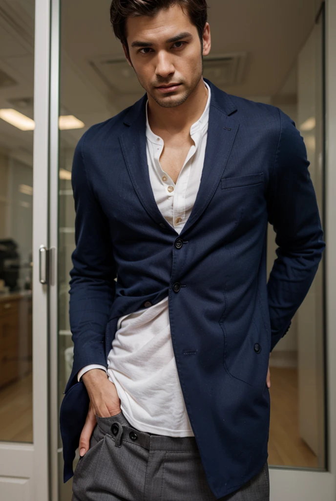 ((masterpiece)), ((best quality:1.2)), high resolution, 8k, (ultra_realistic:1.3), (photorealistic:1.4), (absurdres), sharp focus, highly detailed, (high quality), (masterpiece), handsome guy, Korean, 25 years old, normosthenic, (doctor's coat:1.2), (dressing gown unbuttoned:1.2), naked torso, ((tight jeans:1.2)), ((pubic hair:1.3)), (stethoscope:1.3), green eyes, muscular, thin, abs, light gray short hair, ((full body:1.3)), soft light, front light, rim light,