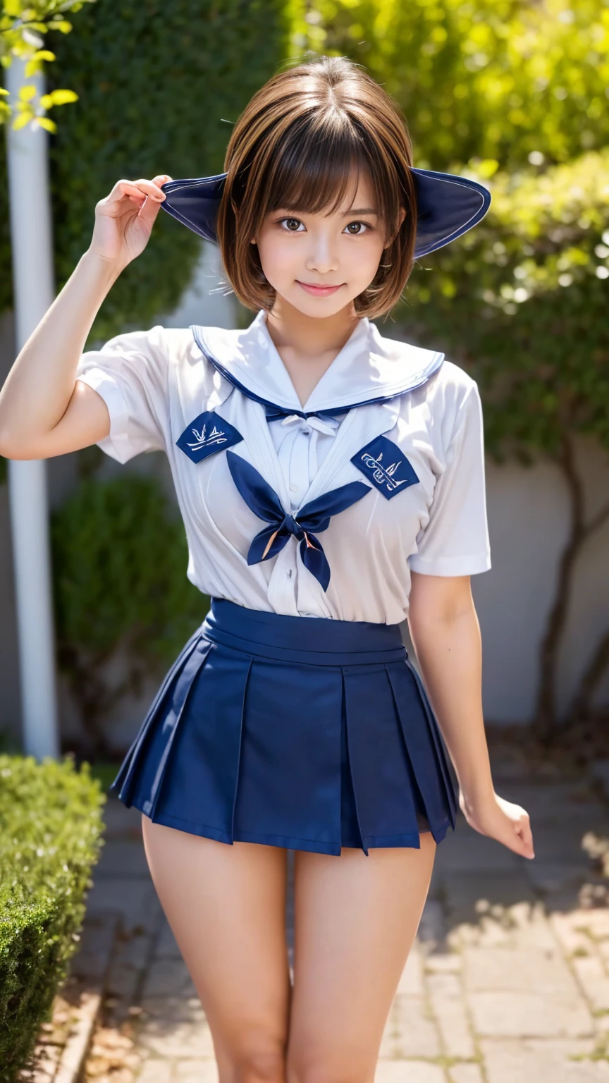femele,１2 years old,japanes,Brown hair,(((Silk School Uniforms,White shirt,Navy blue skirt))),Beautiful short hair,,Hair fastening to bangs,Natural smile,(Mansuji),swimming pools,(((Grabbing the skirt with one hand、lift,Show yourself underwear))),