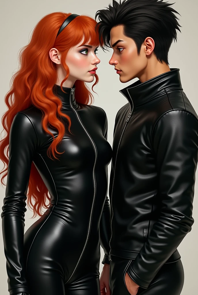 Final fantasy taste and reality graphics, Japanese young cute and cool ikemen boy and cute and beauty girl,,boy and girl couple, both age is early 20s,both thin eyebrows and beady eyes, girl is black long hair, boy wearing orange beige color double brest very thick trench coat, with a black color neck fur.,neck fur is black color, must black neck fur,
Must tighten your belt of coat, with epaulet, must close the front of the trench coat,, must trench coat cloth the front, also wearing black very thick turtleneck lackluster shirts, tight black leather pants, shiny black leather tight and must put on a thin leather glove both hands, black leather knee-high raceup boots,
Girl wearing white color double brest very thick long coat,Must tighten your belt of coat, must trench coat cloth the front, also wearing black very thick turtleneck lackluster shirts, tight black leather pants, shiny black leather tight and must put on a thin leather glove both hands, black leather knee-high raceup boots,must views head-to-toe,must views whole body, boy and girl looks like fashion model,Do not show skin from the neck down,leather glove and leather pants have few wrinkles, in the room,,Avoid showing your innerwear,must close coats waist belt.