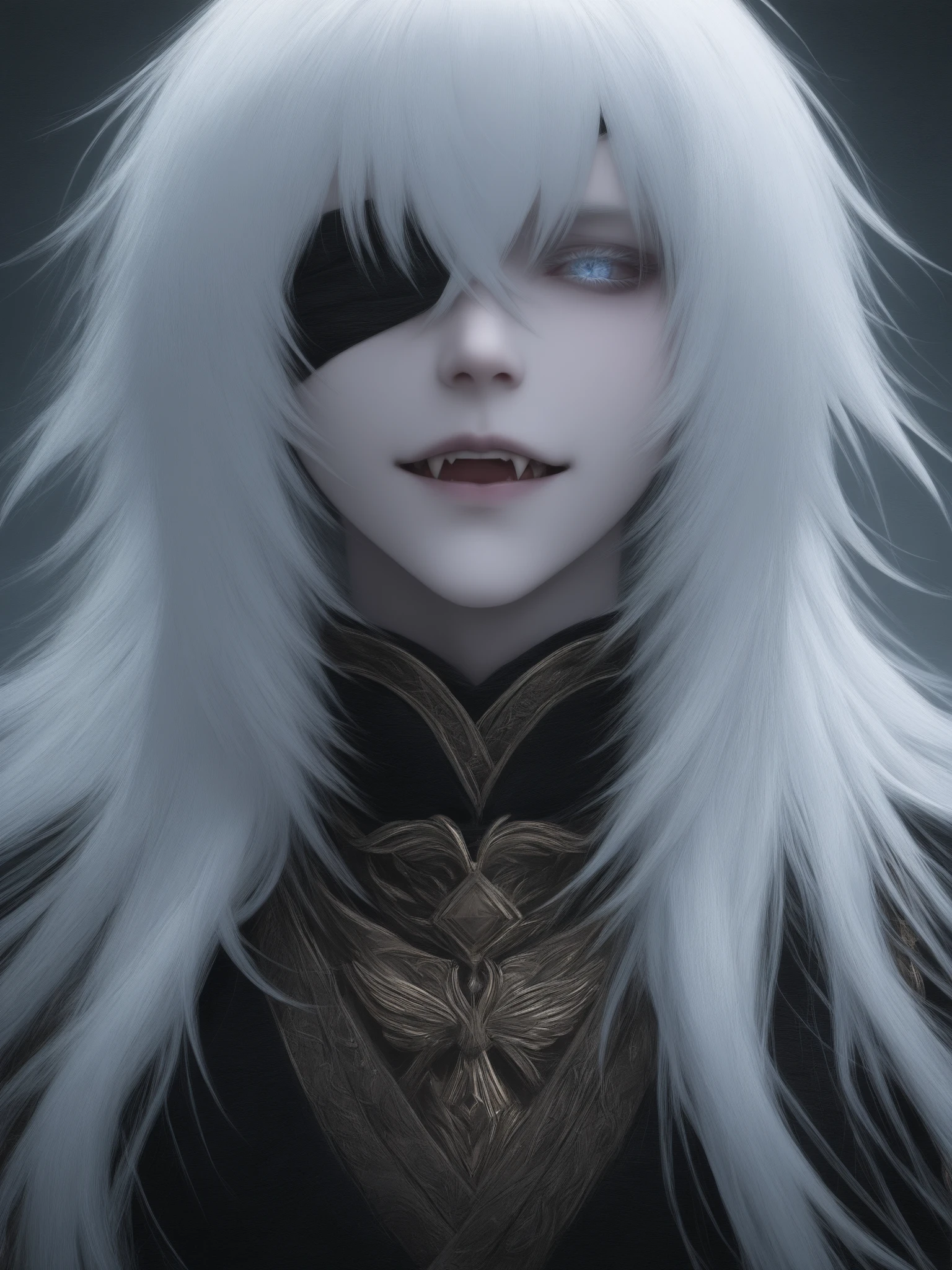 Male. White Hair with Eye-covering Bangs. Crimson Irises. Fangs. Pale White Skin. Black & Gold Noble Garments. Cold Expression.