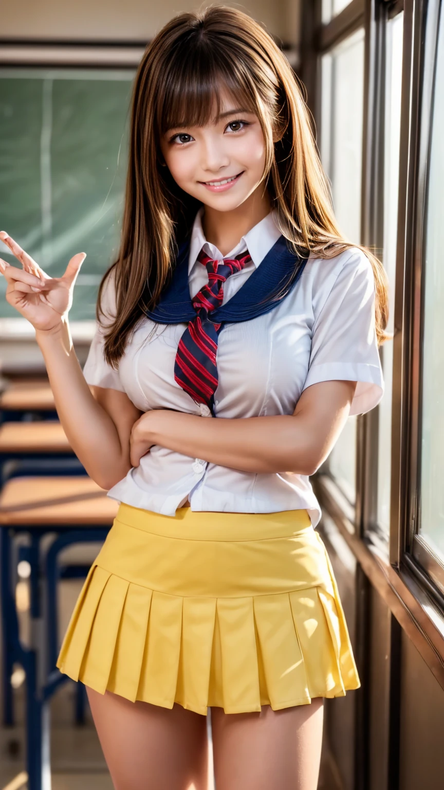 ((Highest quality、Tabletop、8K、Best image quality))、(1 photo:1.5)、very saturated、1 、Uniform shirt、pink plaid pleated skirt))、The happiest smile、Look at me、Golden Hair、Blonde Hair、Wavy Hair、(studying in classroom:1.3)、School classroom background、Long eyelashes、Perfect Makeup、Accentuate your body lines、Big ample breasts、Blonde、Accurate anatomy、(Perfect Hair:1.2)、sexy、Patsupa shirt
