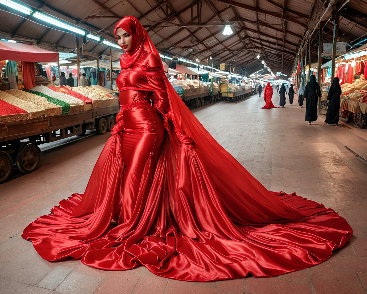 A woman shrouded in a 9-meter-long, plush red satin cloth, tightly bound and grandly draping along the form of her body, flowing off into a pooled floor-length train, styled in a mermaid-inspired outfit with ballon sleeve, her head modestly veiled in a satin hijab, tall woman, walk in wet traditional market, a full-body pose conveying a sense of elegance, captured in a 4k resolution, ultra-realistic