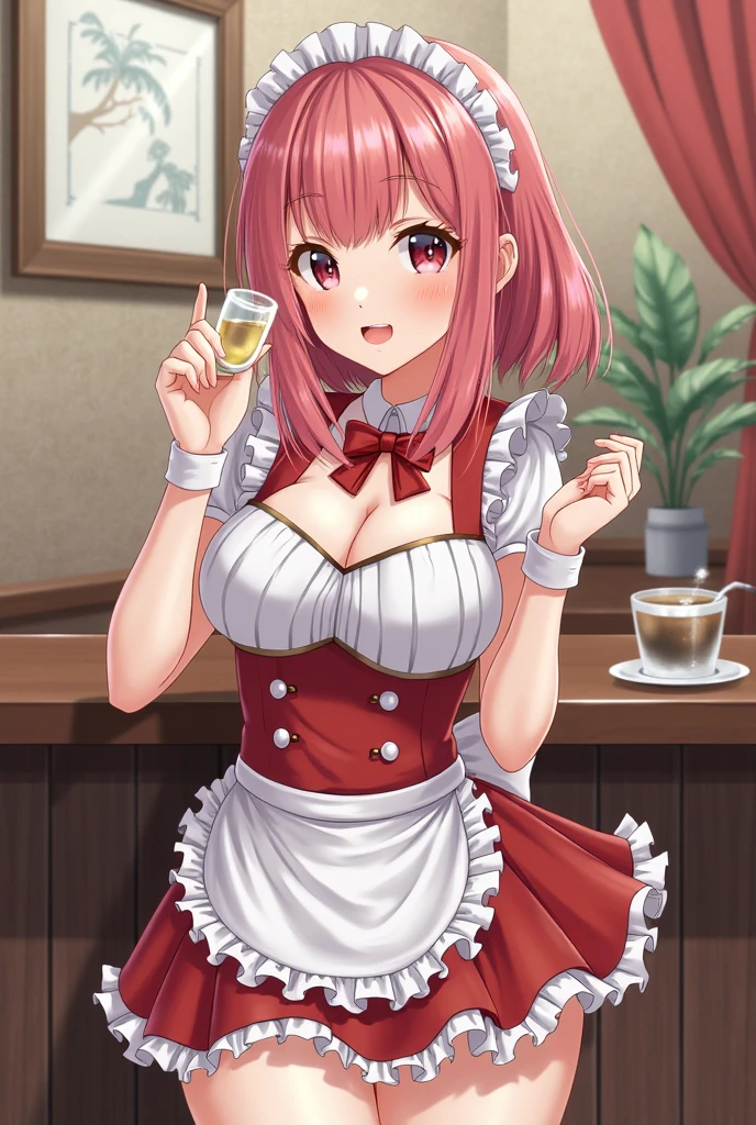 (a closeup of an anime character doing a sexy pose), ((shot from below, giantress angle)), (anime cat girl with pink cat ears and wavy and loose pink hair, in a maid costume), full body commission, commission for high resolution, (maid outfit), (anime girl in a maid costume, cosplay of a cat) (short dress), oc commission, in pixiv, cute anime cat, (waitress) girl, catgirl anime, beautiful maid, full body commission for anime, hyper realistic texture, realistic photo, ultra detailed, no drawing edges, Smiling! , photorealistic, texture of ultra realistic clothes, Natural lighting, realistic lighting, no dark edges, detailed shadows, ultra realistic photo, absurd realistic, realism, no drawing edges, ultra absurd photorealistic, mega realistic hair, mega realistic clothes, absurdly realistic details, no deformities, no drawing edges,  no drawing lines, 8K, 4K