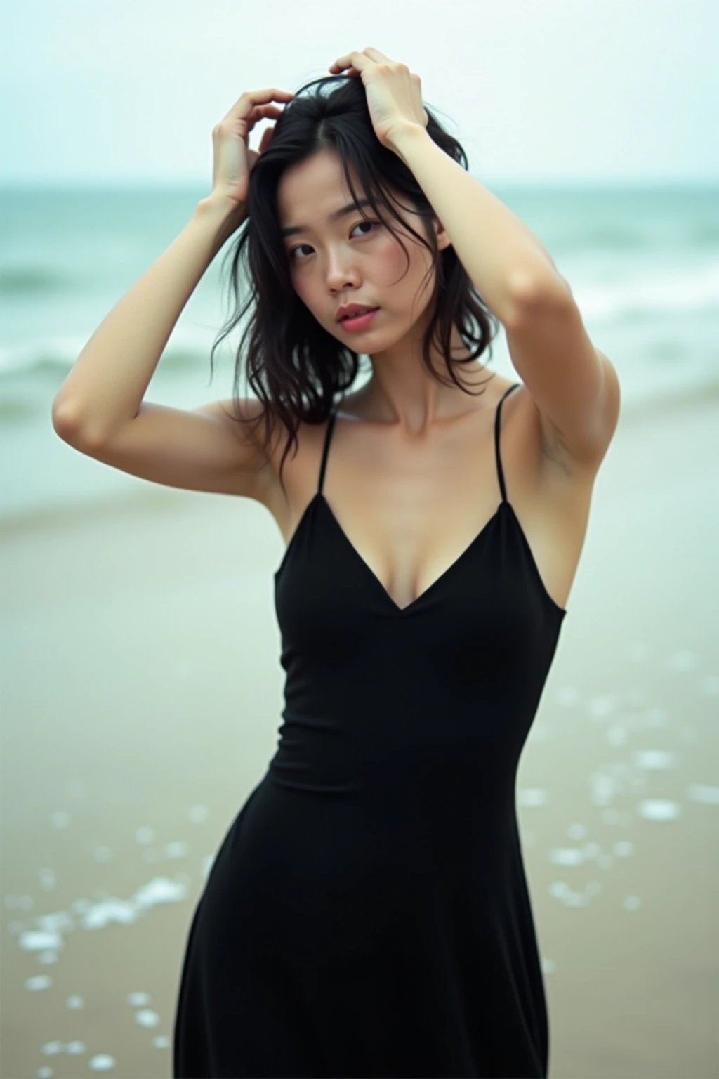 A masterpiece in 32K resolution,Highest quality,it is really amazing,Very detailed,Ultra-high resolution,Ultra-realistic,Realistic,Increased depth of field,Cinematic lighting,
Elegant mature Japanese woman,
black straight medium hair,Ultra-detailed and beautiful face,Calm expression,Translucent white skin,Realistic skin texture,Great proportions,
Sexy high leg dress swimsuit,
Luxurious design,Chic color patterns,Beautifully detailed decoration,Detailed fabric texture,
Gorgeous necklace,Earrings,
Dark skies before the storm,Dark clouds covering the dark sky,Thunderclouds rolling in,Coastline at night,Stormy seas,delay々A desolate sandy beach that continues,
Dramatic Angle,