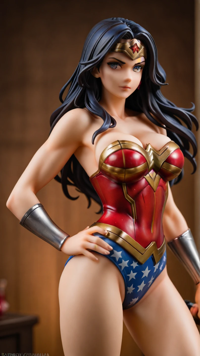 dc comics, mujer Maravilla, primer plano de cuerpo completo, figura de proporciones heroicas, primer plano medio, pechos grandes, Cuerpo completo, cuerpo voluptuoso, shorts jeans, pantalones cortos sexys, piernas gordas sexys, hot pants, manos en la cintura, manos detalladas, mujer Maravilla, por Bruce Timm, bella, hermosa, uniforme escolar, figura completa, piernas voluptuosas, shorts ajustados, impresionante figura atractiva