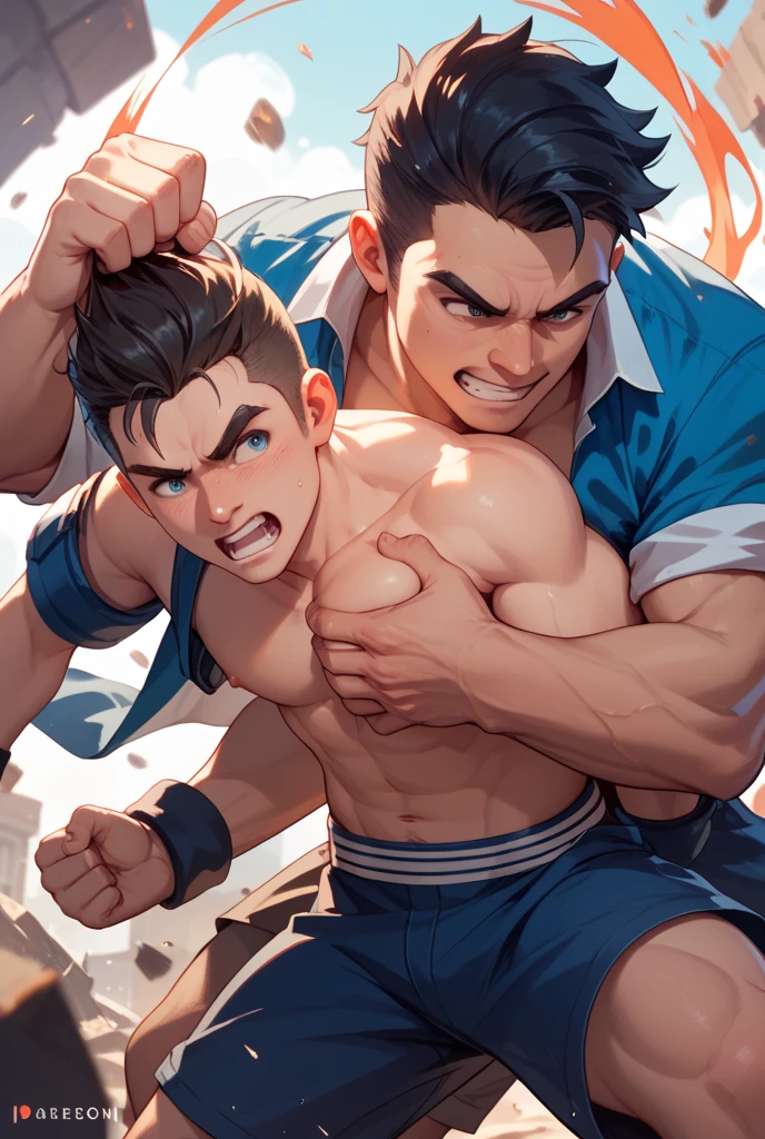 Double,Show your thick arms to the audience,closeup of arms,Thick arms,(masterpiece,best quality,H),1 person,Nude boy,Very shy,My face turned red,Shy,muscular,Delicateeyes,nude,(nude),blue eyes,Shirtless,Body,Blue purple short hair,(fluorescent lamp),(a color),((Blue Background)),Shorts with white stripes,White textured socks,