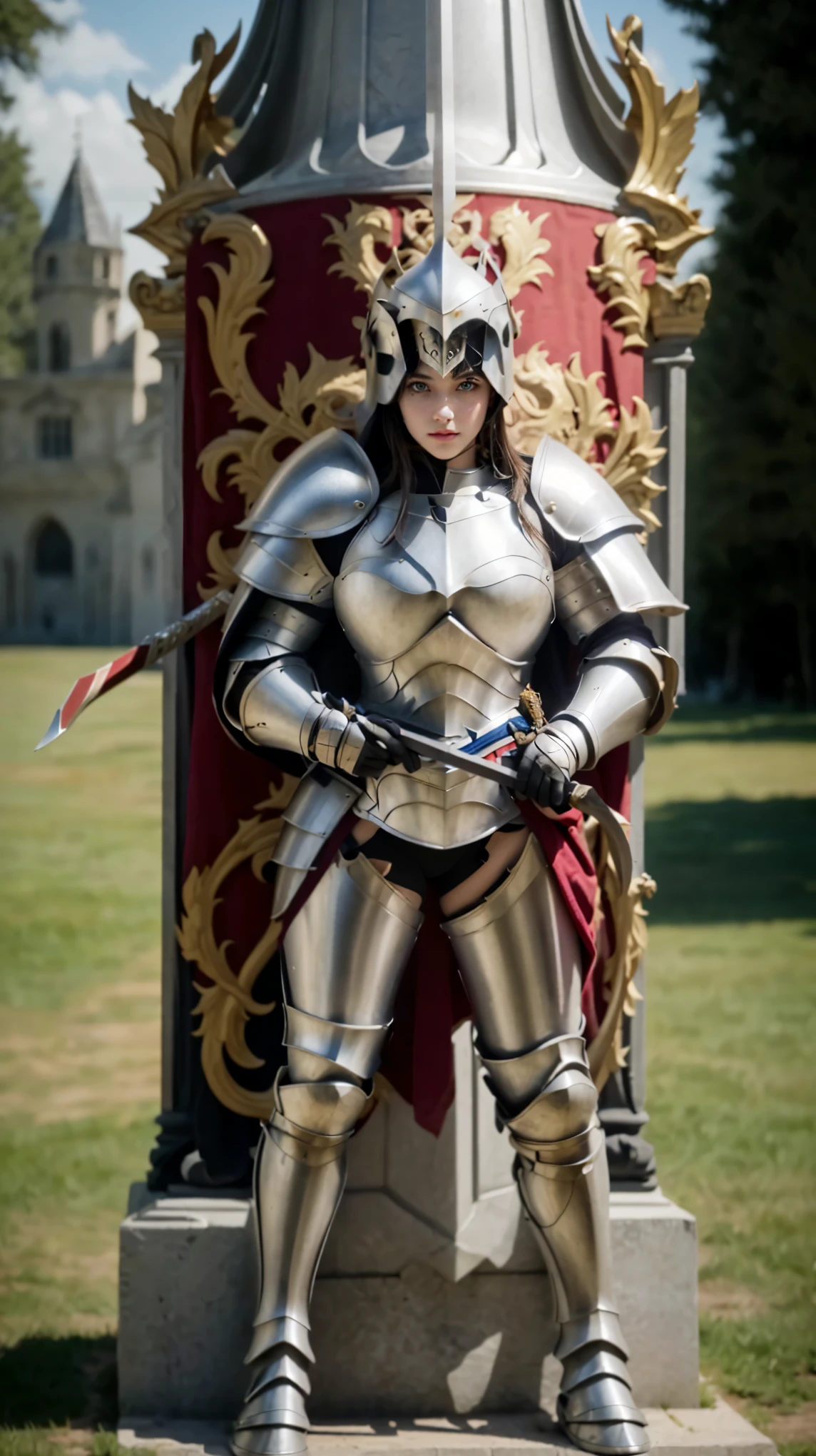 arafed knight in full armor with escudo and escudo with lions, holding a escudo, holding a tower escudo, segurando uma espada & escudo, fantasy escudo, segurando uma espada and escudo, Cavaleiro medieval, holding escudo and sword, armadura medieval, holding up a large escudo, escudo design, intricate armadura medieval, holding khopesh and escudo, armadura detalhada, escudo, Belle, PERSEPHONE, (fullbody:1.8)