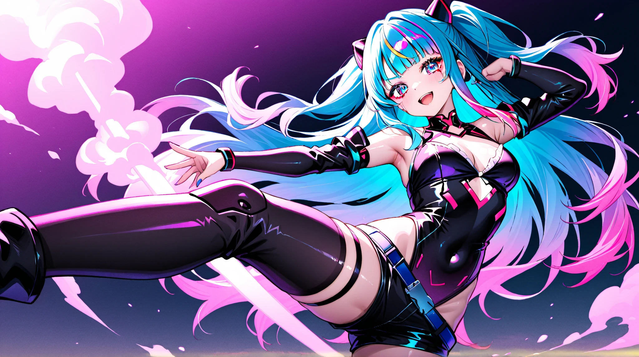 (best quality,highres:1.2),ultra-detailed,realistic,photorealistic:1.37,a beautiful girl (Lucy Heartfillia from Fairy Tail) model in a pop style,18 years old,long legs,medium breasts,extremely detailed face (with emphasis on azure eyes),wearing tight-fitting clothes (exposing the stomach),sitting in a perfect split pose,illustration,colorful pop art style,dynamic lighting,neon colors
