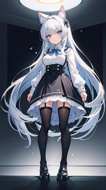 {An ultra-high picture quality},{Best Quality}, {ultra-detailliert}, {very detailed illustration}, {Top image quality},{{silber hair}}, Aimei, embarrassed from,Ahoge,Suspender Skirt,Classroom,adult body,Moderately large breasts,long-sleeve,18-year-old body,Black tights,Standing