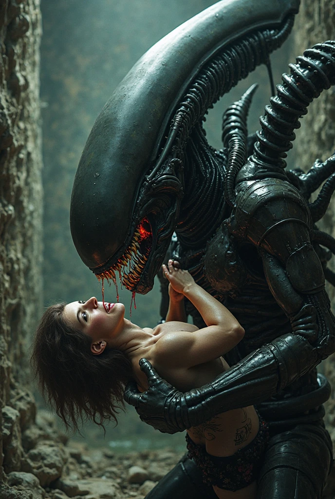 giant  grey xenomorph  monster carries  faint limp  topless beautiful horny aroused pregnant  white  thong horny aroused elllen Ripley in his arms embrace cuddling  nsfw kissing 