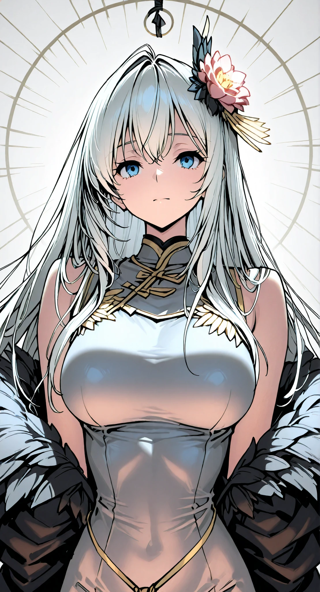 anime girl Picture of a woman with long white hair and a flower in her hair, Gray Hairの deity, Gray Hairの, Gray Hair, Gray Hairの lady, White fox, perfect Gray Hairの girl, elements and, Picture of a woman with long white hair, Anime Goddess, Portrait of a girl in the Knights of the Zodiac, Gray Hairのティファ・ロックハート, Long white hair , Haise Jinyao,beautiful breasts, Slim waist,wide open sleeveless.Bound shoulders