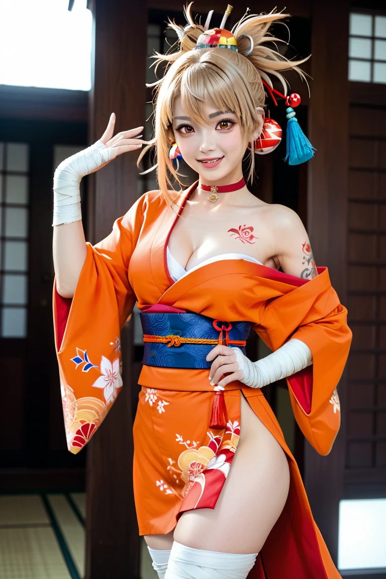 (((1人の女性、spotless、Transparent red kimono、Fluttering red kimono、bionde、short-hair、bobhair、side parted hair、blue eyess)))、(((blonde hair)))、 dynamicposes、A sexy、erotick、Poses to seduce、M-shaped legs in ruins