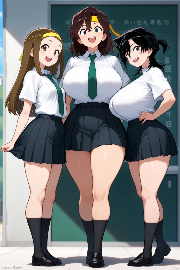 three angry women, 30 years old, thicc curvy body, wearing military outfit pleated skirt and boots, stomping the grass, viewed from below
