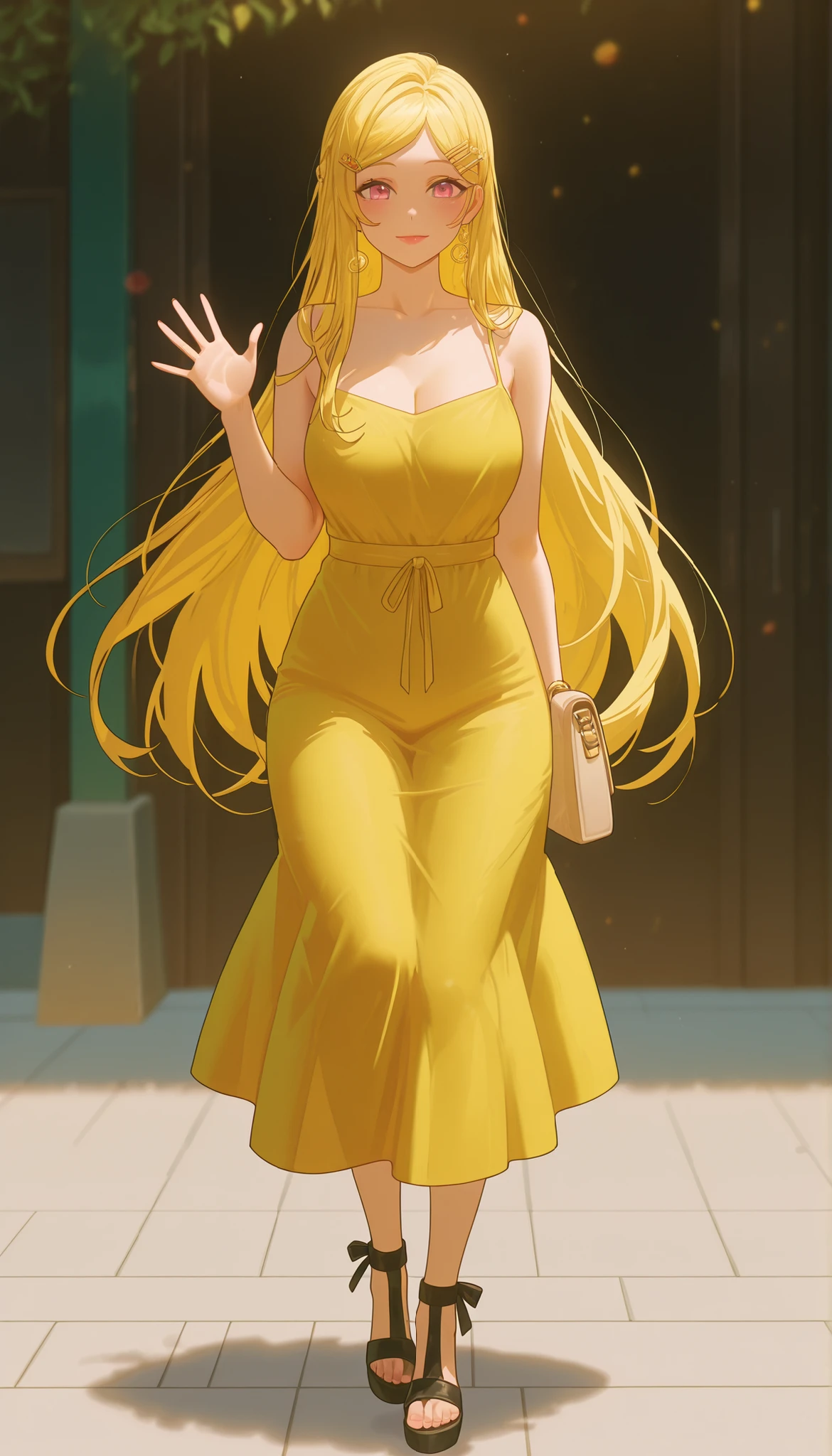A mature beautiful woman with blond hair, extremely fair white natural skin, big pink eyes, red plump glossy lips, a small waist, medium-sized , and a perfect slim yet curvy body. She's only wearing a long ankle-length deep-yellow dress with spaghetti straps, a floral hairclip, and black sandals. She's standing, carrying one purse, smiling, mouth closed, and waving. Show her full body and super hyper-detailed.