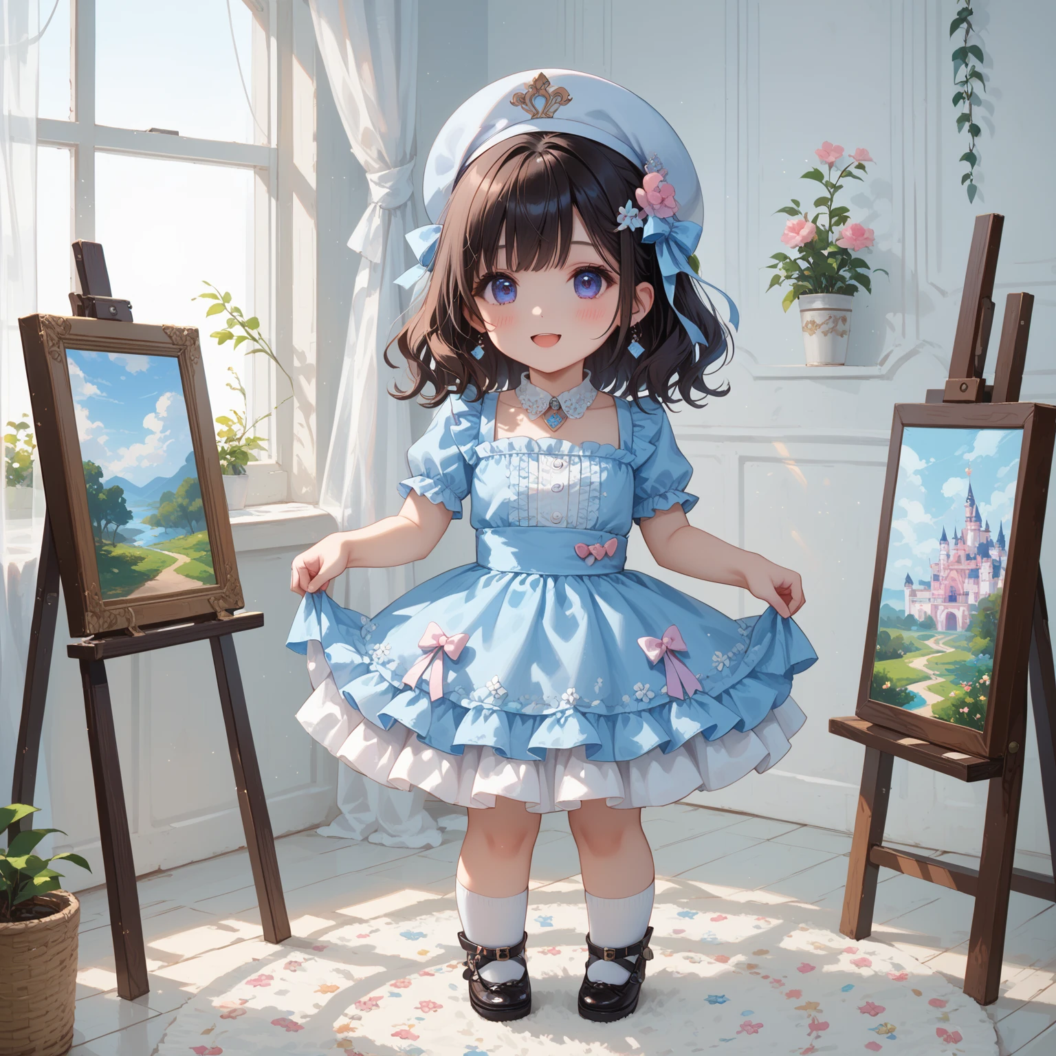 Wearing a gorgeous and noble dress, the cute little girl sings by the sea with a microphone