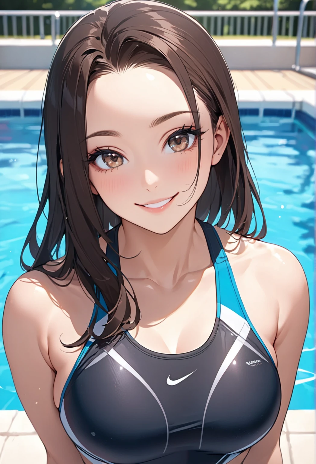 black hair girl , white swimsuit , smile , pose in the room
