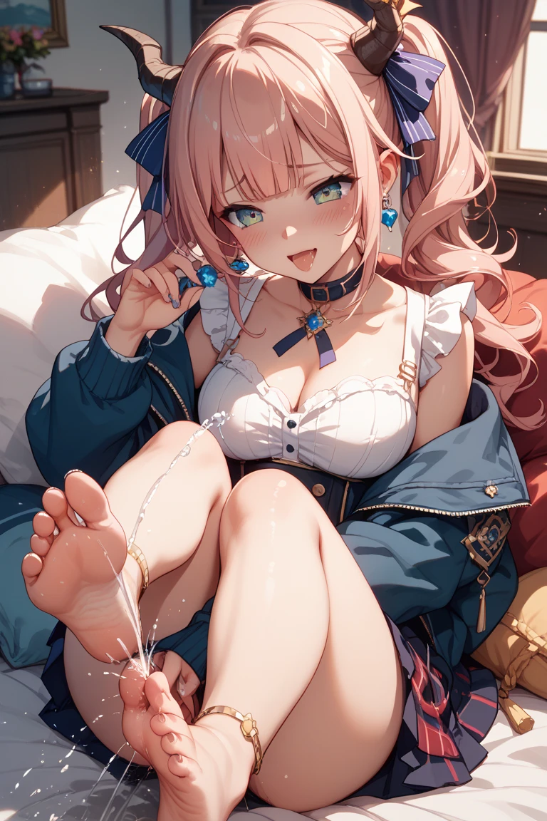 (8K、best image quality、highest quality、masterpiece)、detailed face、1 girl、pink hair、side ponytail、light blue eyes、earrings、evil small、((grin))、big breasts、cleavage、((white shirt))、black pleated skirt、((pink cardigan))、white socks、loafers、sitting、knees up、sit on the stairs、Taken from above、((indoor stairs background))