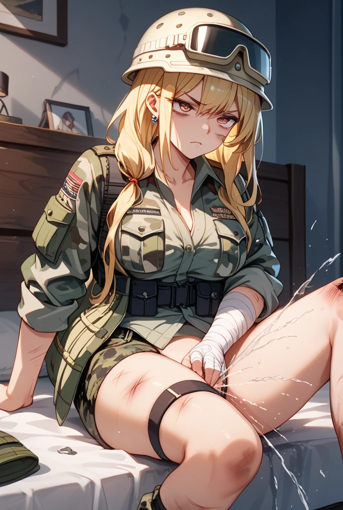 Japanese beauty naked,Western Cowgirl,Gun belt with holster,Watch on wrist,Drunk,I was a little surprised by the hiccups..、Night Bar、Above the knee shot、Lying in bed