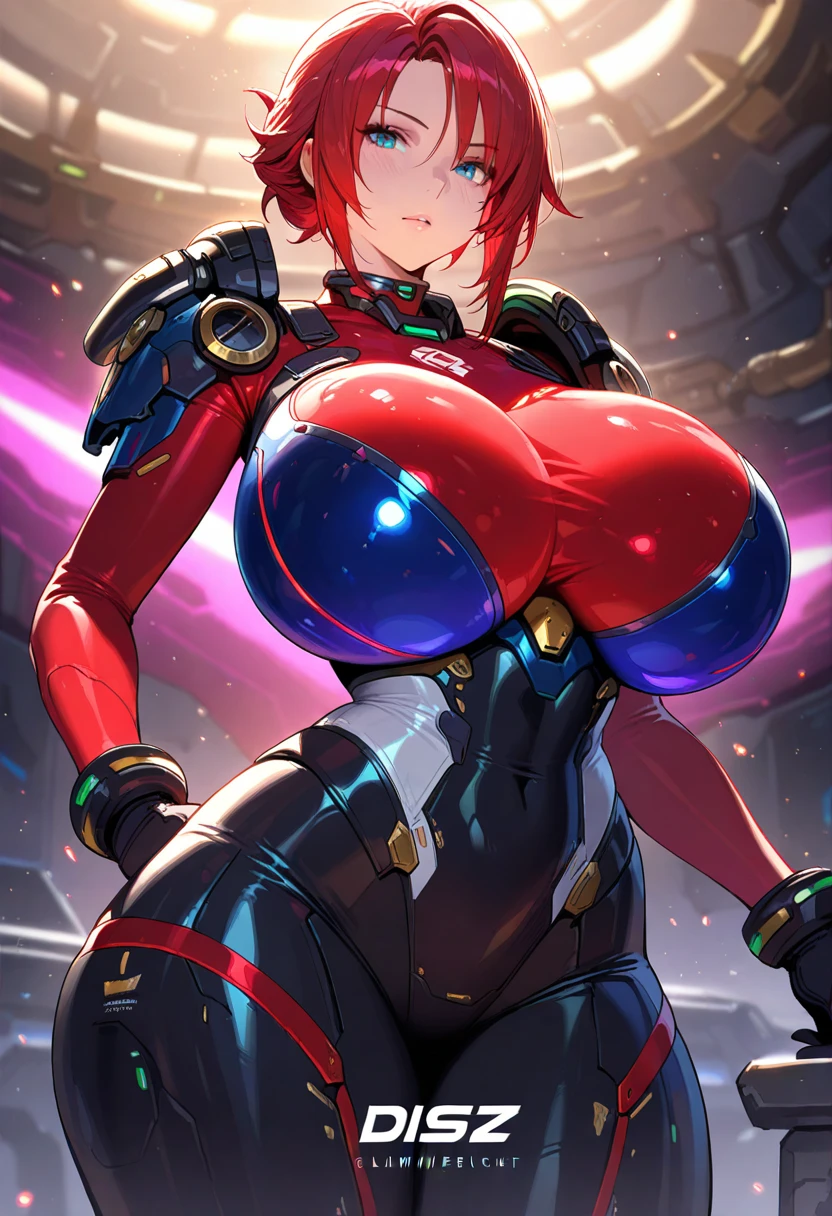 1girl, large breasts, breasts, bare legs, thick thighs, short hair, orange hair, leotard, very short hair, black leotard, orange trim, neon trim, neon lights, neon, machinery, tech, science-fiction, futuristic, smile, blue eyes, wings