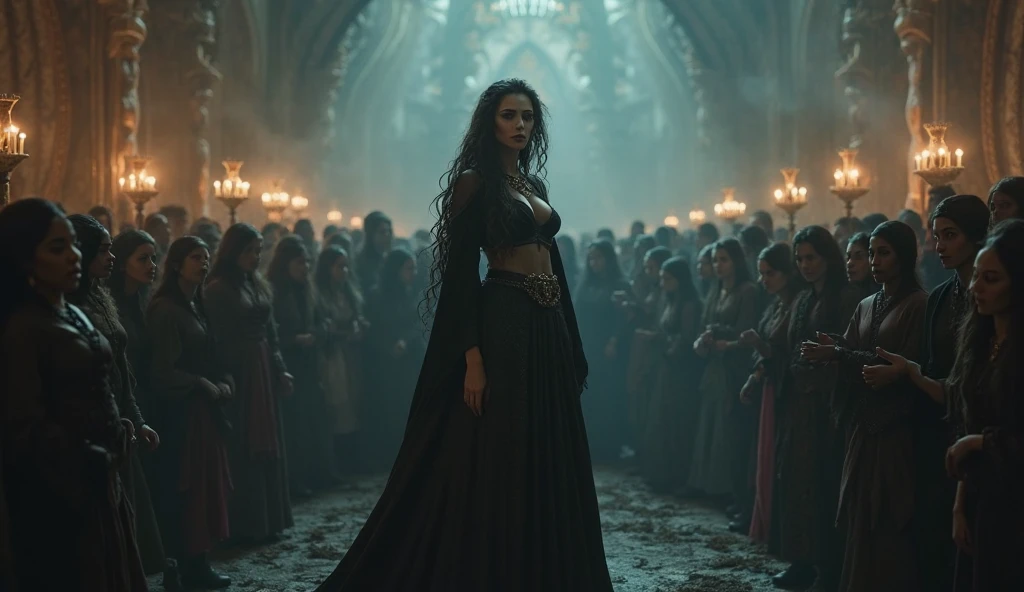 (of the highest quality:1.8), (masterpiece:1.8), (Extreme Photo Realism:1.8), (ultra high resolution, 8k:1.8), (cinematic lighting:1.6), (divine sorceress:1.8), Medium brown skinned woman with strong and delicate facial features, (long wavy black hair, still wet from the pond water:1.7), Bright purple eyes that emit a magical and seductive aura, slim and curvy figure, (voluptuous and perfectly sculpted body:2.0), (big bust, firm and well proportioned, resaltando bajo la ropa wet:2.0), (pronounced and harmonious hips, accentuated by her elegant and provocative posture:1.9), (smooth and luminous skin), (ethereal and translucent black clothing, wet, floating around your body:1.8), (tight clothes, highlighting every curve with overflowing sensuality:2.0), (Deep and elegant neckline:1.8), (long legs, toned and sculpted, ligeramente wets:1.9), (Magical jewels that shine with the energy of the storm:1.7), (levitating and defensive pose, with her wet hair falling around her face as the barbarians surround her:2.0), (glare, seductive and full of hypnotizing power:1.9), (mystical and powerful aura that emanates from it, making clear her power as supreme sorceress), (extremely precise details in hands and feet:1.8), (mystical and gothic tavern, with dim lights and shadows that highlight his figure and power:1.7).