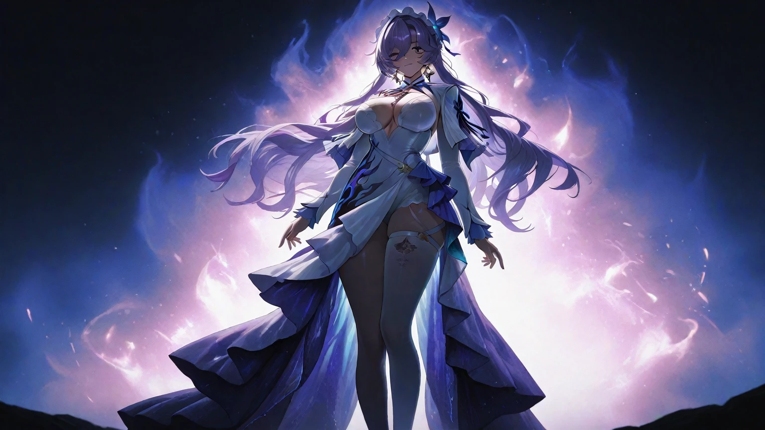 Mature beautiful woman,(Highest quality,Extremely detailed depiction,Incredibly absurd high resolution,Anatomically accurate depiction,Curvy Legs,Shiny skin,Porcelain-like skin),(She is a fantastical goddess in a mysterious costume),(Luxurious white dress),eyelash,eye shadow,eyeliner,mascara,makeup,(Intensely glowing purple eyes,Half-closed eyes:1.5,Glossy lips,Large Breasts,wing,whole body,She has shadows on her face,Gentle smile),Sweat,Purple light,Fantastic space,She is illuminated by a fantastical light,An aura of inclusiveness,High quality anime drawings