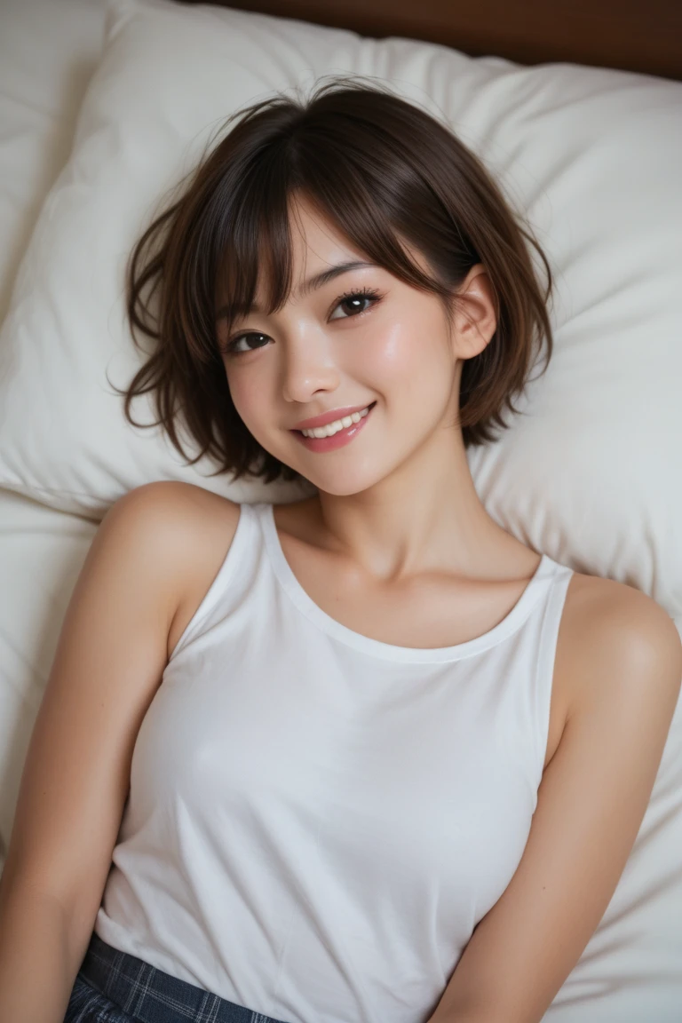 One girl, Fluffy short hair,Black Hair,smile,Inside the room, summer,pink,Open-collar shirt,Sleeveless,Button comes off,Bed,Lying on your back,Innocence,OL Sister,Look here,A small cleavage on the chest,transparent, (masterpiece, Highest quality), Soft Light, Structure of the film, Like a movie