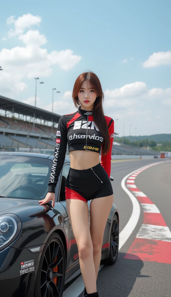 Super detailed photos、Detailed face、Lip gloss、Cool woman、Colorful costumes、F1 Driver Cosplay、Colorful costumes、Clothing with company logo、Grid Girlsのカラフルで派手な衣装、Grid Girls、Perfect Face、Paddock Girls、Harem、motor Show、tights、Bodycon Costumes、Grid Girls、Russia、Grid Girlsのコスプレ、belly button、Pleated skirt、Bodycon Costumes、Legs open pose、Spread your legs to show your crotch