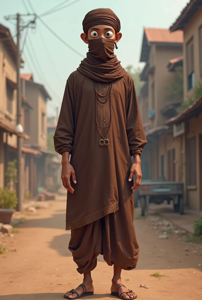 A 15- boy wearing white colored prayer punjabi pajama and hat, standing and looking down with head hood and trees and hut behind him.