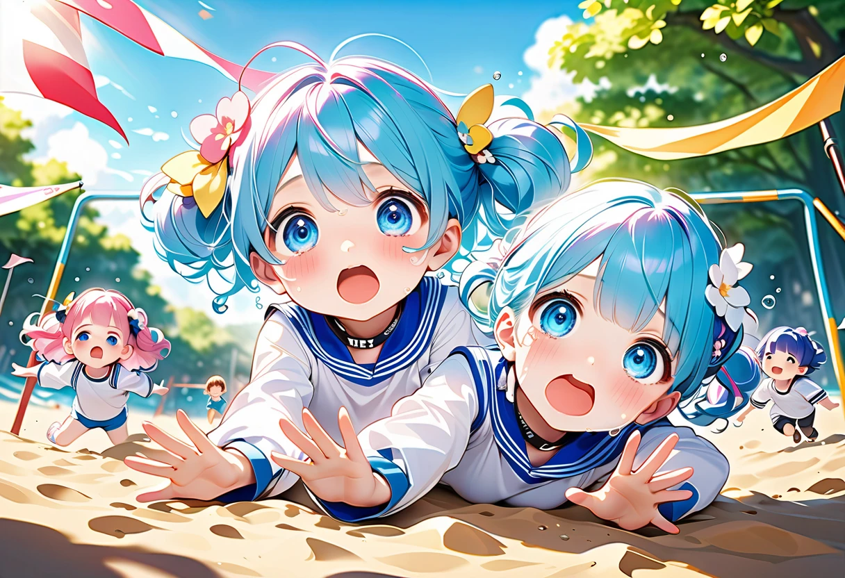 ((masterpiece,best quality,ultra detailed,anime)),
2girls,(:1.2),(cute:1.2),(child:1.2),
smile,(sweat:1.2),bikini,Crouching with one hand on the ground,
Beautiful and clean sea,blue sky,crowd of people in the background,
