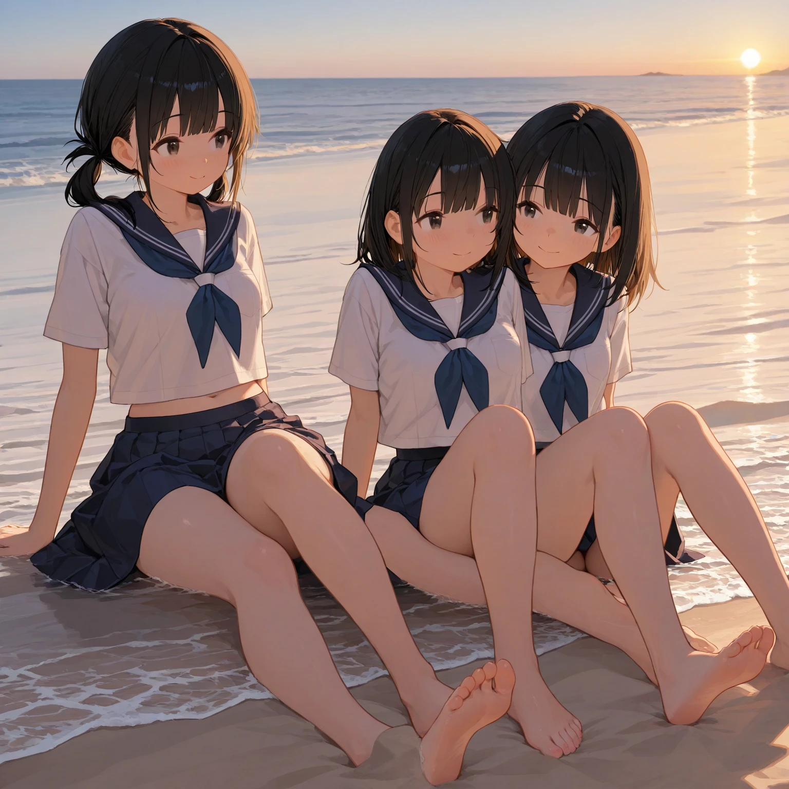 ((Highest quality)), ((masterpiece)), (detailed),Perfect Face,A group of teens are taking a photo at a nudist beach, kneeling naked and showing a close-up of their crotches to the camera.,