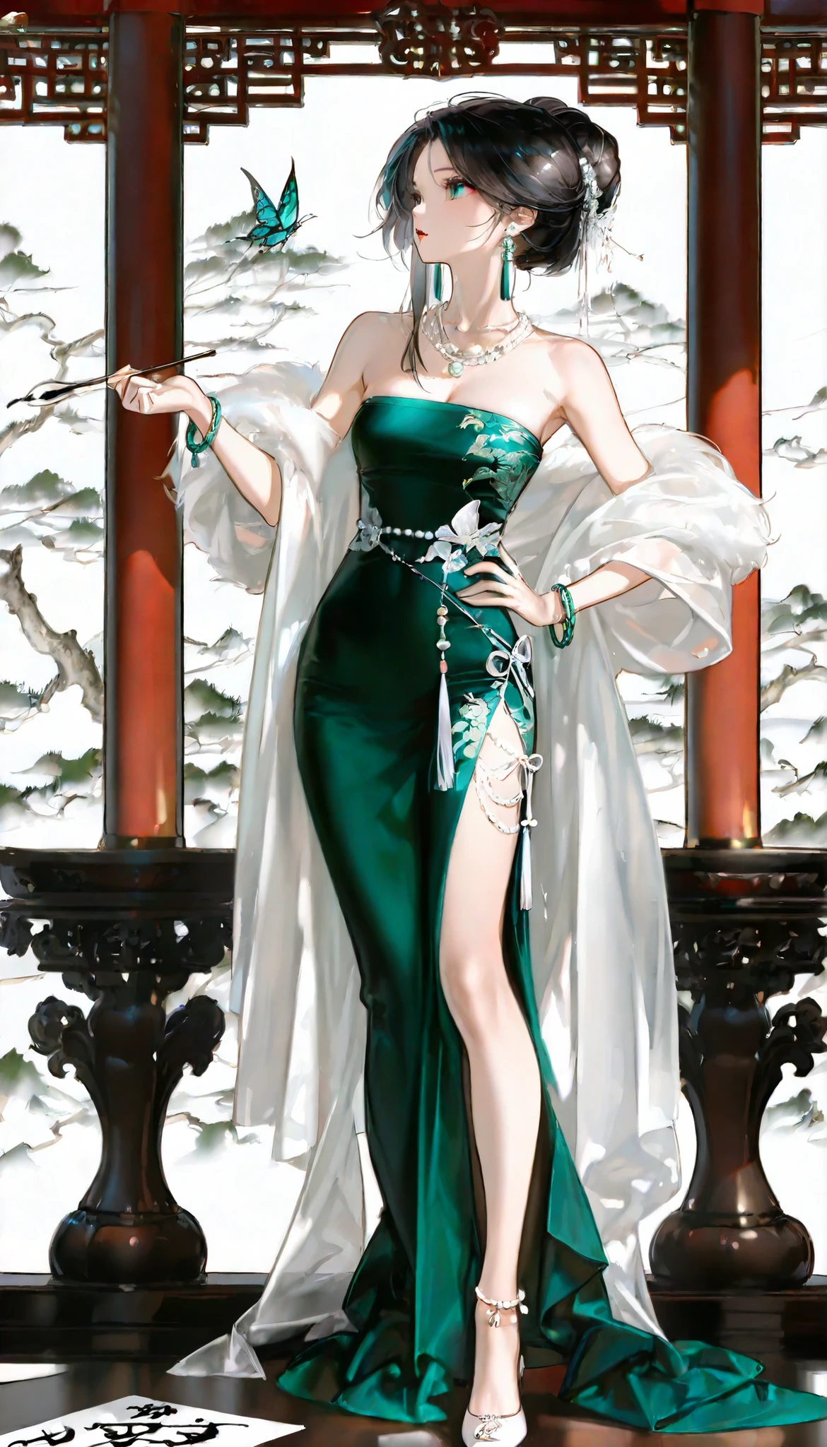 (masterpiece:1,2),best quality,masterpiece,highres,original,extremely detailed wallpaper,perfect lighting,(extremely detailed CG:1.2),drawing,paintbrush,xinguofeng,fashion,chinese wind,chinese painting and calligraphy,white background,xinguofeng,fashion,chinese wind,chinese painting and calligraphy,white background,
landscape,chinese,Chinese black and white ink painting,chinese,
fashion,full body image,plants,green dress,costume design,chinese wind,chinese painting and calligraphy,xinguofeng,1girl,solo,black hair,white background,dress,bare shoulders,jewelry,earrings,necklace,hair bun,bracelet,hand on hip,strapless,makeup,single hair bun,***,lipstick,butterfly,strapless dress