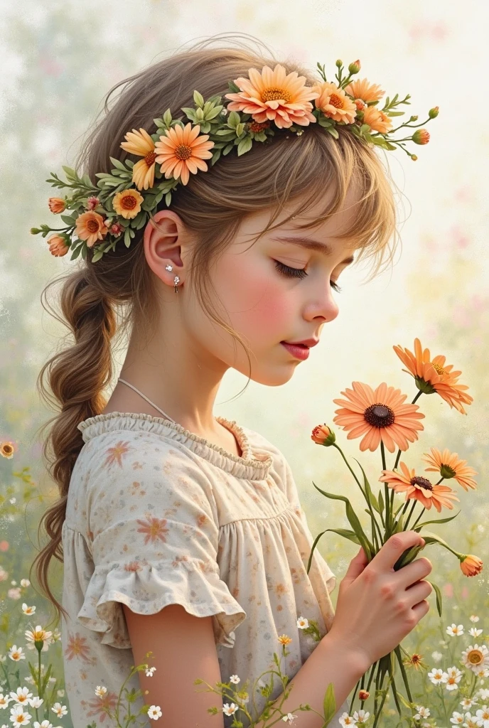  a little nice girl, Half side，Sitting on the grass，Wearing a beautiful wreath，Playing with puppies，Who can talk to animals?，pastels, Harry S., James Montgomery Flagg、Lois van Baarle、jim french 和 rossdraws, Detailed and realistic eyes,  fair