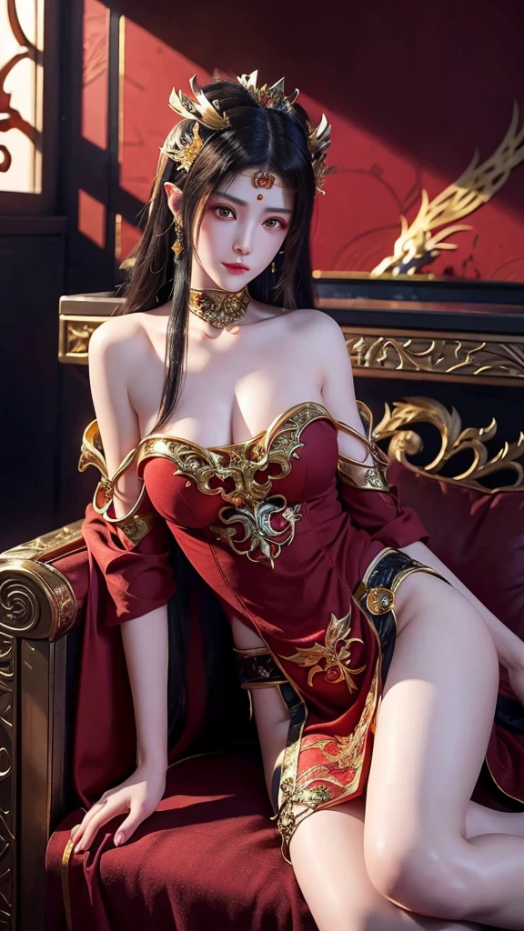 "Yang Guifei with flowing red hair, relaxing in her luxurious bedroom during the day. She is reclining on an ornate chaise lounge, dressed in a delicate silk robe with intricate floral patterns. The room is filled with natural light streaming through large, open windows, revealing a serene garden outside. The decor is opulent, with rich tapestries, elegant furniture, and fresh flowers in vases. Yang Guifei’s expression is serene and content as she enjoys a moment of peace, surrounded by the lavish beauty of her surroundings."((( pubic hair))),(((naked))),(((spread legs)))