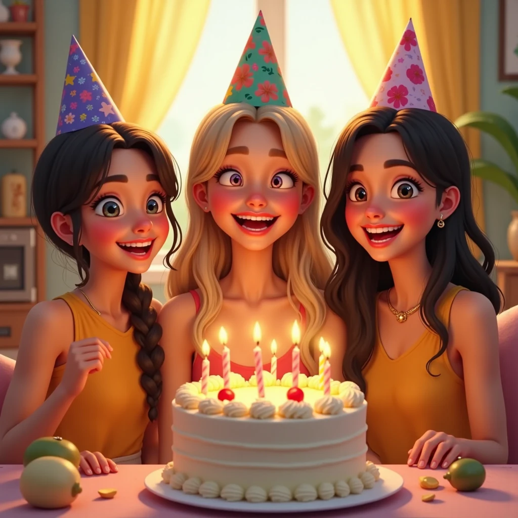 Tati's birthday with her 3 friends (one with brown hair, another black hair and another brown hair)