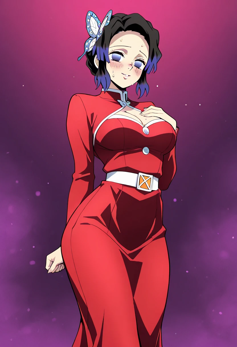 (Top Quality, 8K, High Resolution, Masterpiece: 1.2), Anime, Shinobu Kocho, 1 Girl,solo, Perfect Face, Perfect Eyes, Soft Expression, Medium Breasts, Purple Hair, Short Hair,large butterfly hair clip, Pretty Parted bangs, purple eyes, narrow eyes, (( PurahOutfit,hair ornament, gloves, hair stick, black gloves, red pantyhose, skirt, thighs, clothing cutout, cameltoe, headband, smile, cowboy shot)), viewer appreciation,