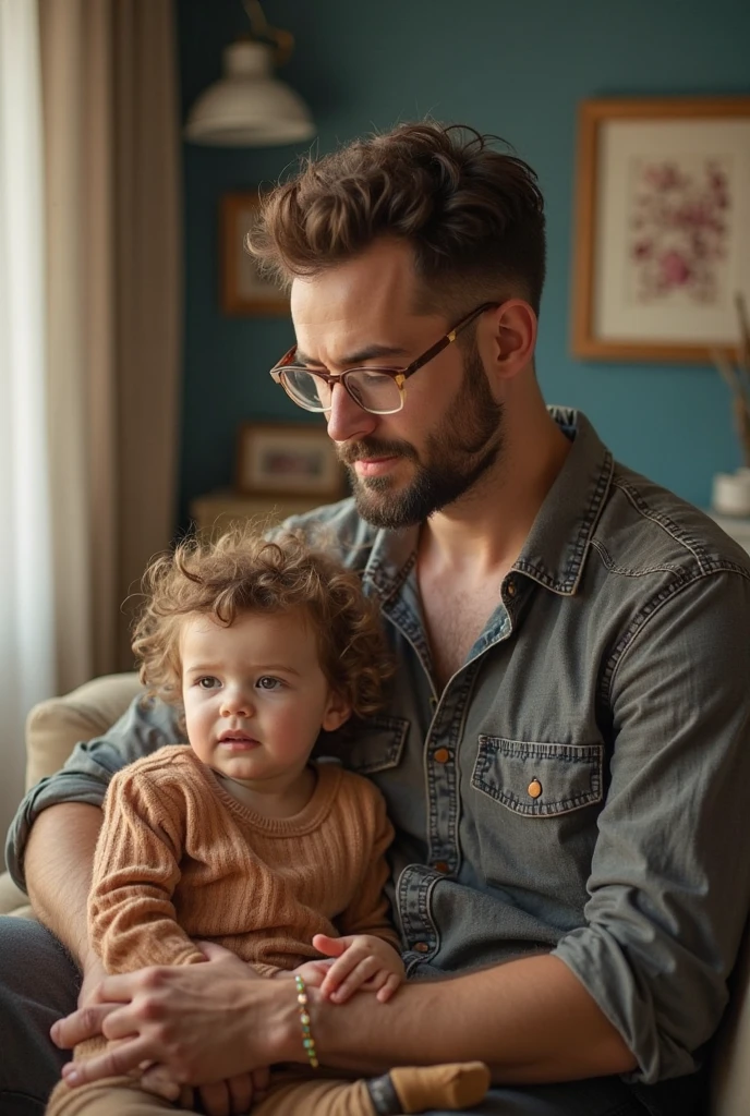 Bearded american man, dark hair, wearing glasses, removes 3--old b from a dumpster located in the parking lot of a restaurant. The baby girl is e and has blond hair. She is wearing a dirty white dress and she is crying. The man is wearing a dark jacket and jeans. The image must be a shot from above, as if taken by a drone camera, featuring the back of the man in the exact moment as he removes the baby from the dumr. His expression shows distress and surprise.