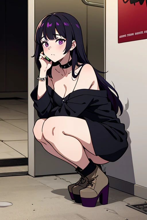 Chica gotica cabello negro con dos coletas desnuda con medias ralladas banco y negro chupando un pene