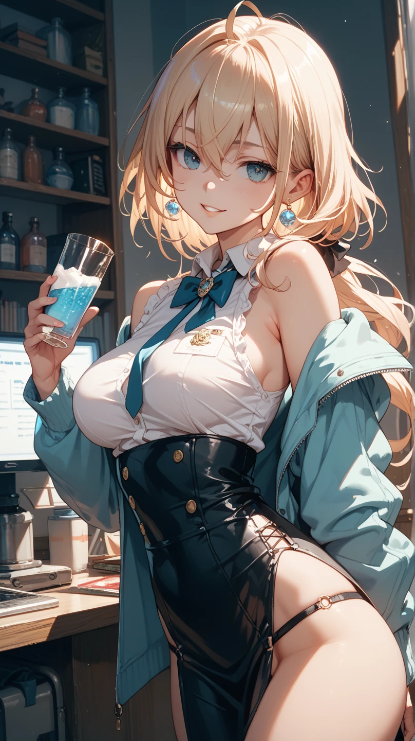 woman,14 years old,,city,night,(((white and blue tight miniskirt bodysuit))),,open mouth smile((See-through))(((Glasses))),((Beautiful long ponytail)),(()),blush、surprised face,((())),((blonde))(((On the way to changing clothes)))(((While undressing)))